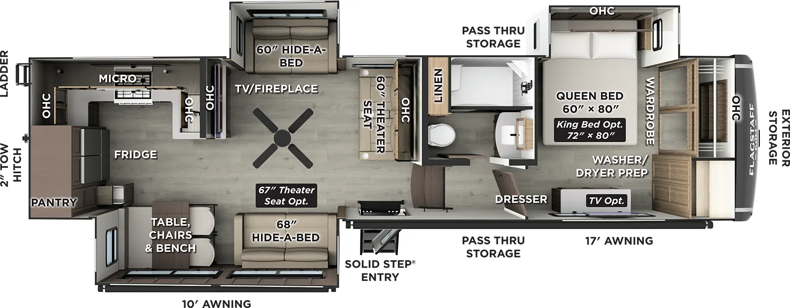 The Flagstaff Classic Fifth Wheels F371RK floorplan has one entry and three slide outs. Exterior features include: fiberglass exterior and 11' & 17' awning. Interiors features include: rear kitchen and front bedroom.